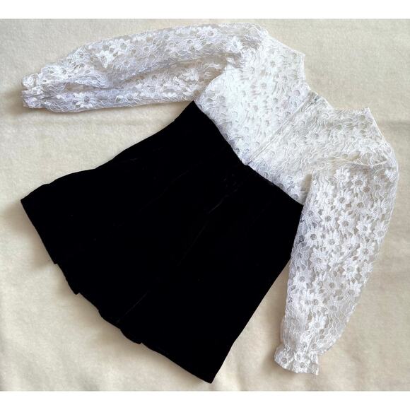 Vintage 90s MiMi Fashion Dress Girls Size 4 Black White Lace Long Sleeve Floral - Picture 2 of 5